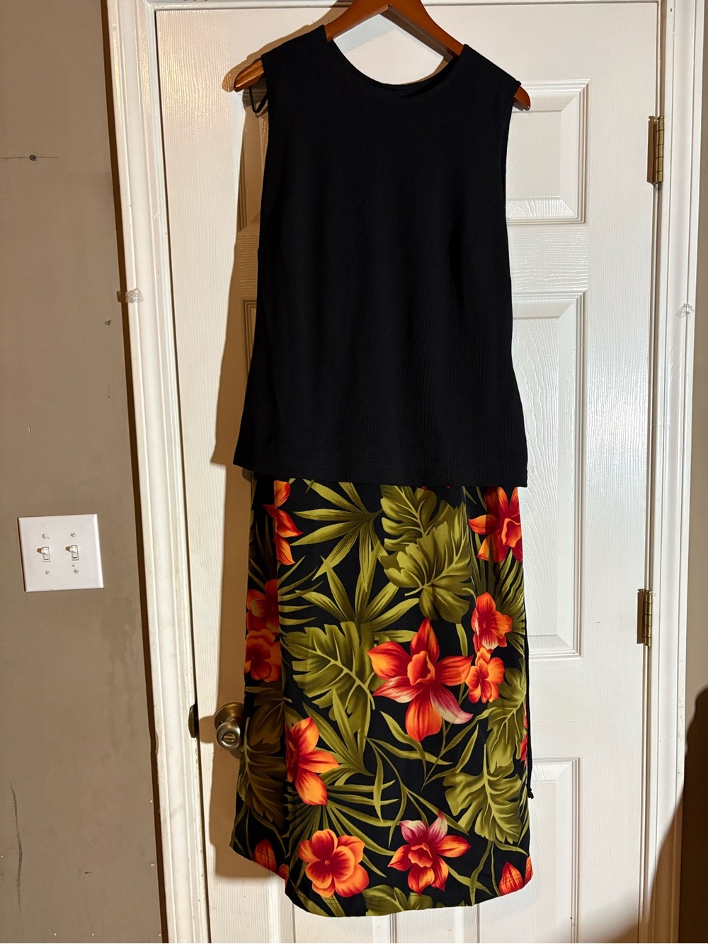 Expressions Black Maxi Skirt with Red-Orange Tropical Floral Print